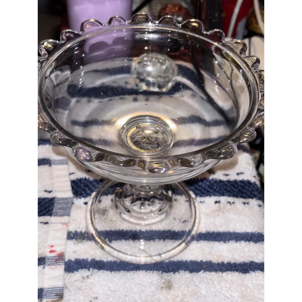Vintage Clear Pressed Glass Scalloped Rim Pedestal Compote Candy Dish Bowl
